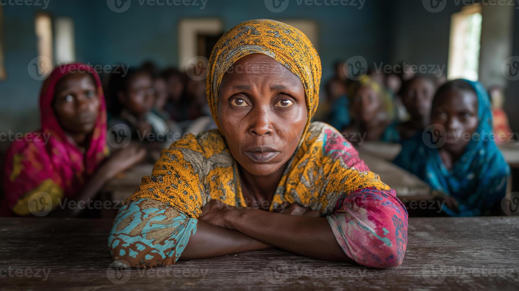 African Women in Traditional Clothing in a Shelter Communal Space, Concept of Community and Resilience photo