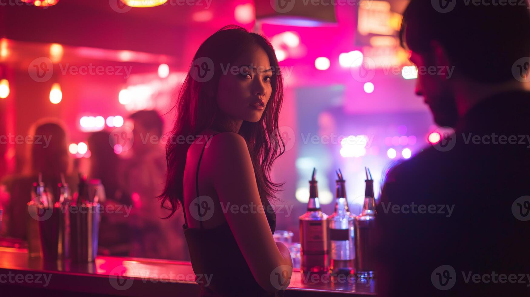 Nightlife Interaction. Woman at a Bustling Bar with Neon Lights, Ideal for Party and Clubbing Themes photo