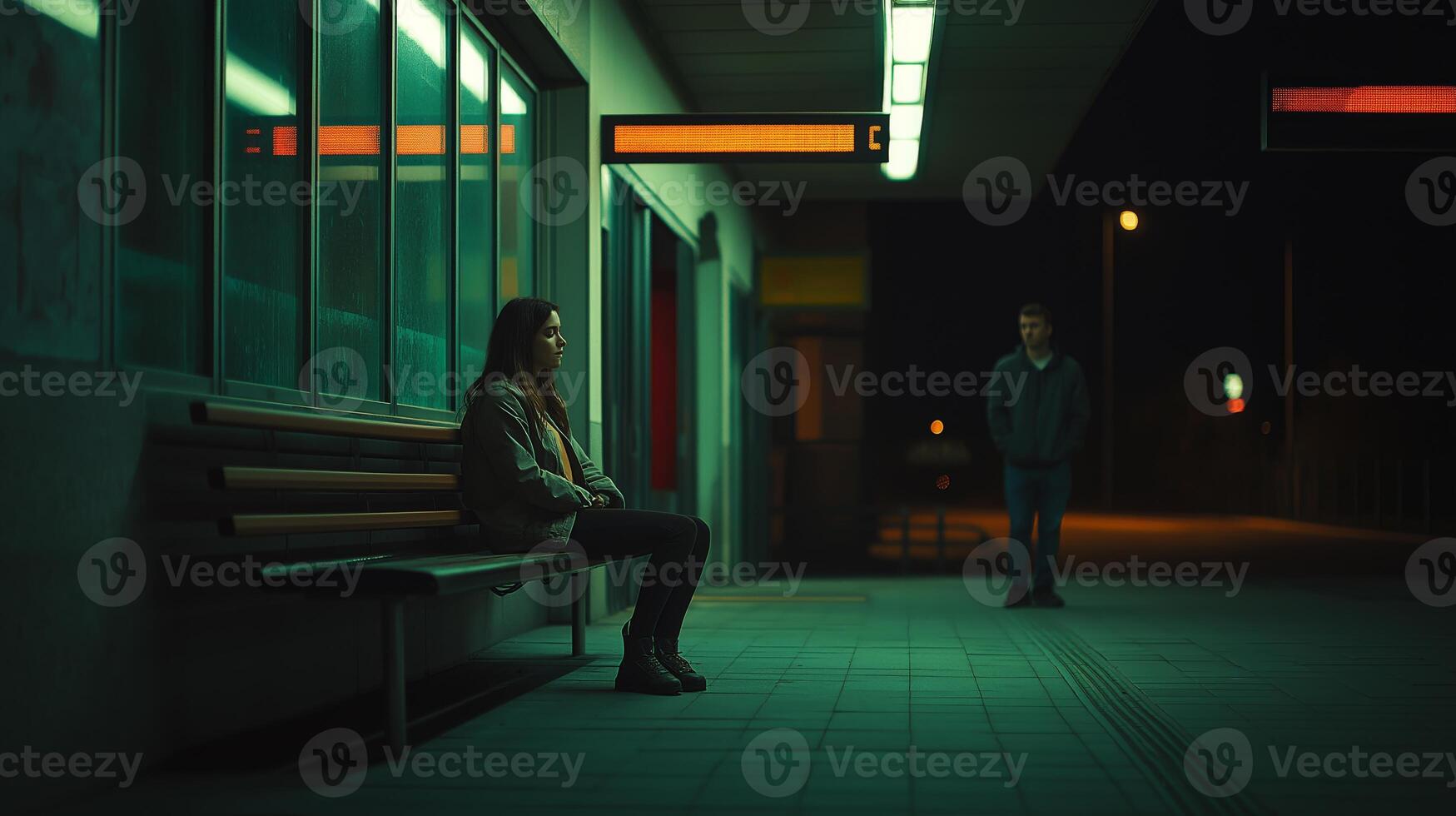 Late Night Bus Station Scene with Woman Sitting on Bench and Man Standing in the Background for Urban Concept and Print Design photo