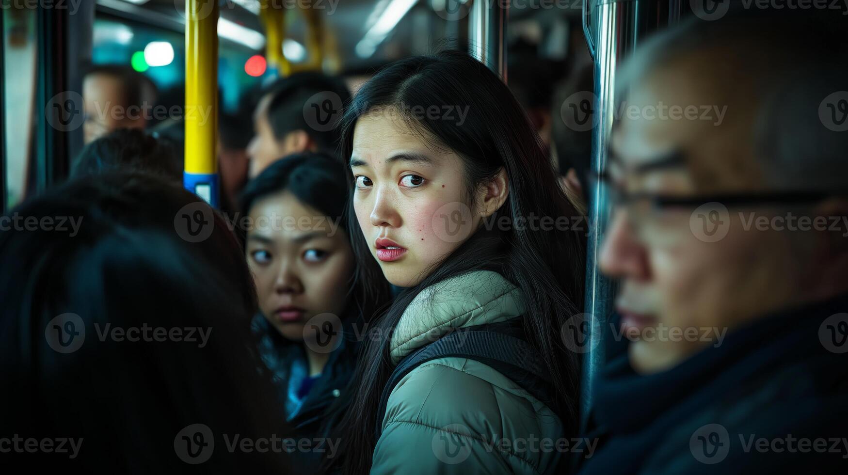 Crowded Public Bus During Rush Hour with Diverse Group of Passengers, Urban Commute Scene, Travel, and Human Interaction photo