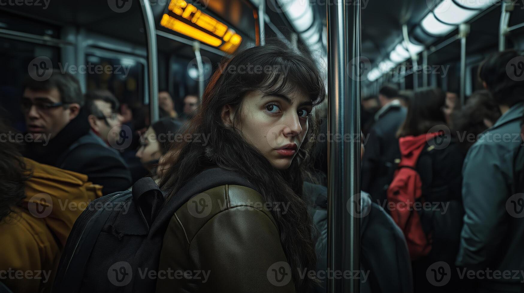 Busy Metro During Evening Rush Hour, Diverse Commuters Looking Distracted and Tired, Urban Transportation Concept photo