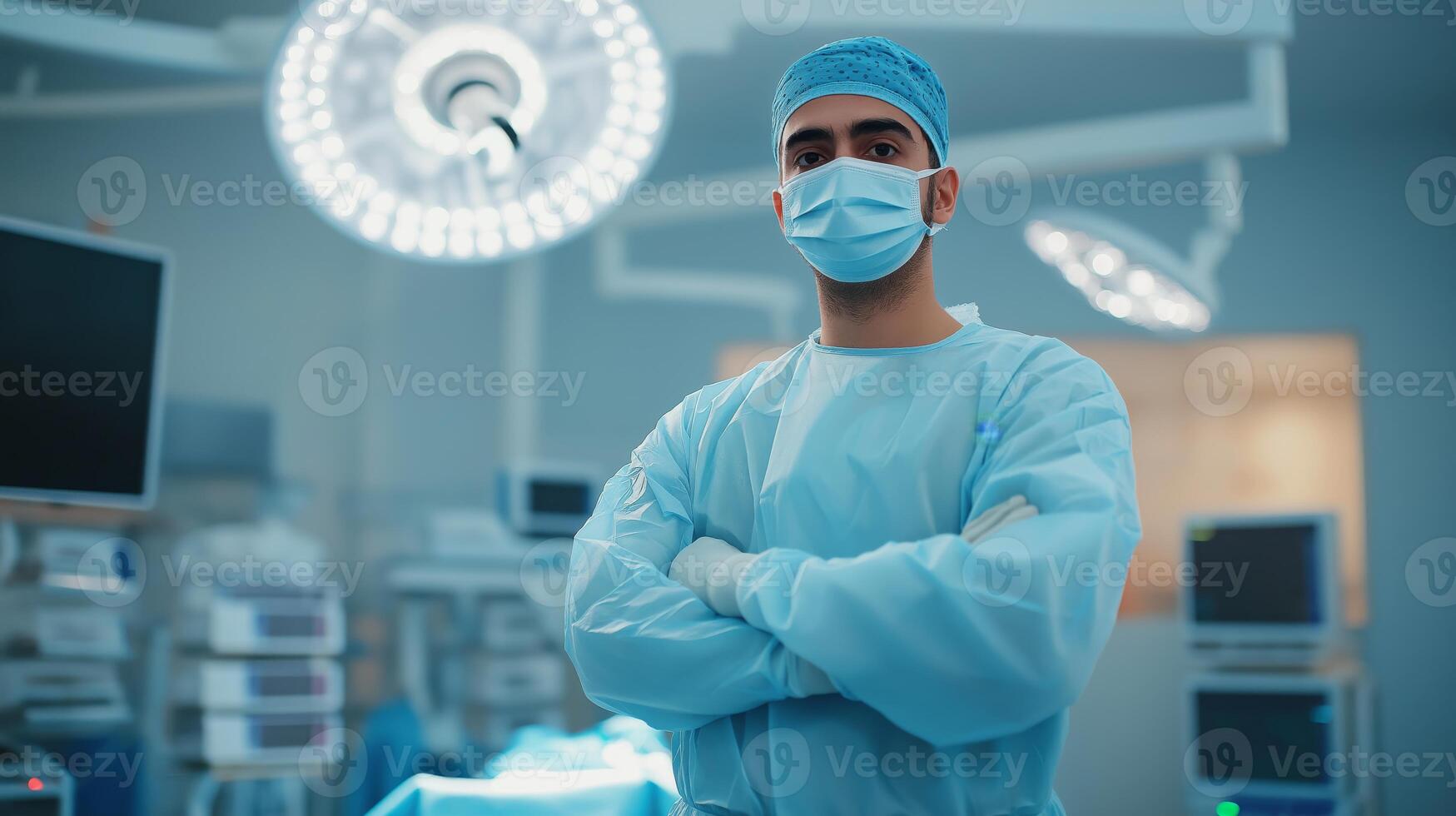 Pakistani Surgeon Confidently Stands in Surgical Room with Modern Equipment for Healthcare and Medical Roles photo