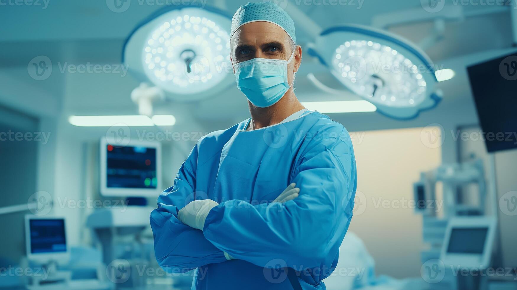 Middleaged British Male Surgeon with Greying Hair in Modern Operating Room Setting, Medical Professional in Surgical Attire photo