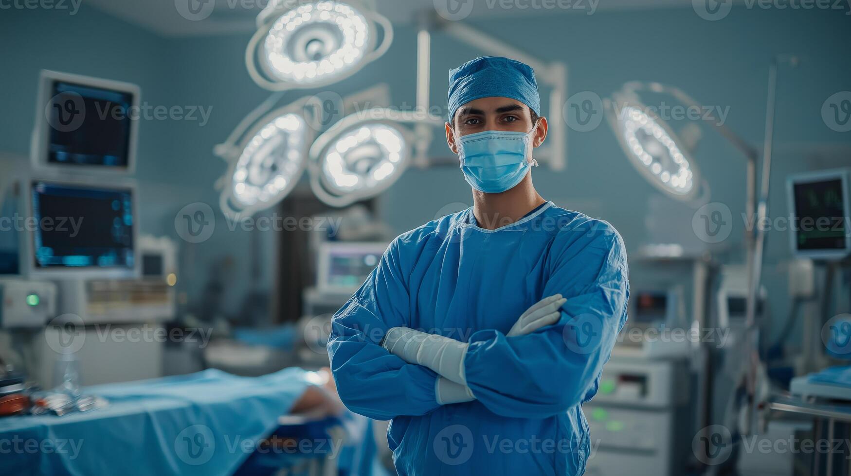 Confident Young Male Surgeon in Modern Surgical Room, Ready for Procedure photo