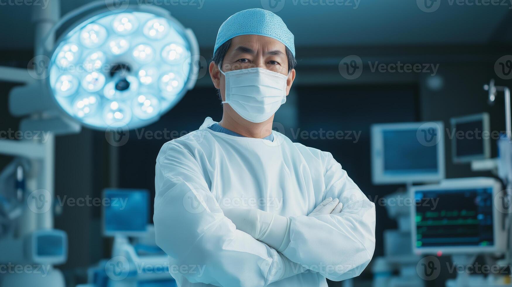 Japanese Surgeon in Modern Operating Room with Crossed Arms, Medical Professional Portrait, Healthcare Concept photo