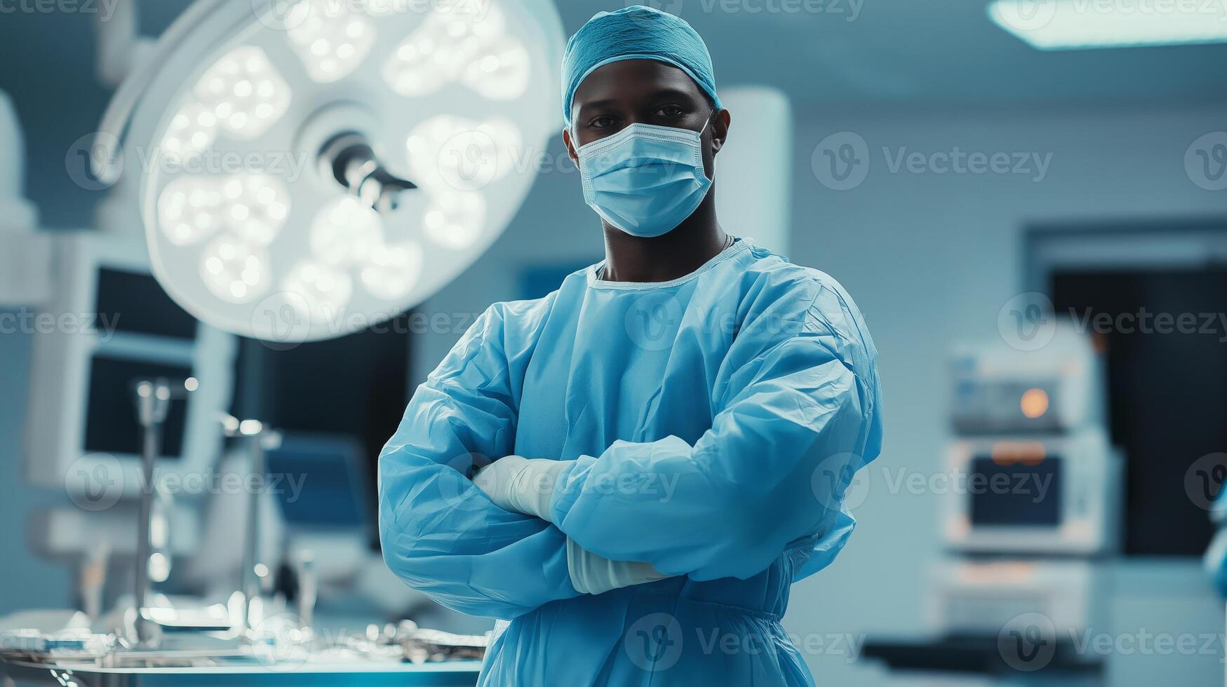 Confident African American Male Surgeon in Operating Room Medical Professionalism, Hospital Environment, Healthcare Imagery photo