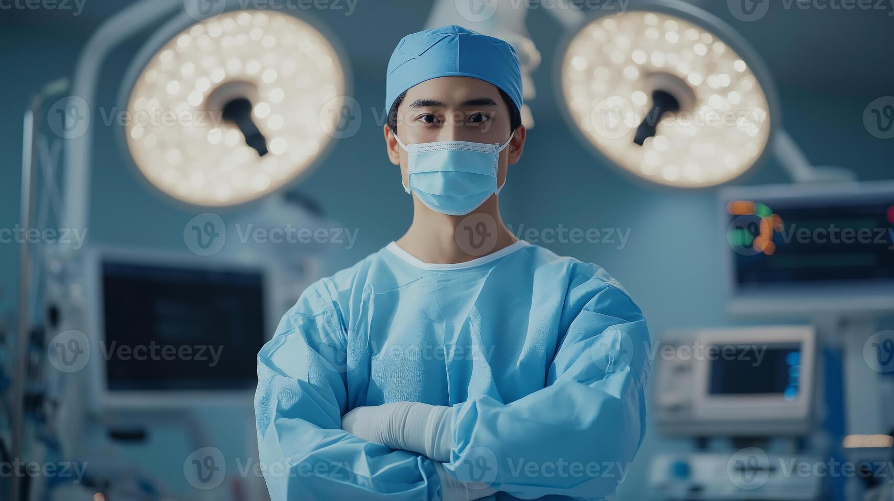 Confident Young Asian Surgeon in Modern Operating Room Healthcare Professional Portrait for Medical Stock Photography photo