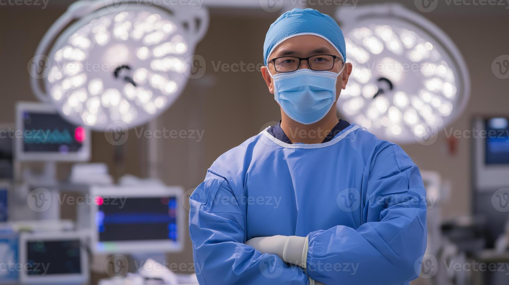 Confident Southeast Asian Male Surgeon in Operating Room with Advanced Medical Equipment photo