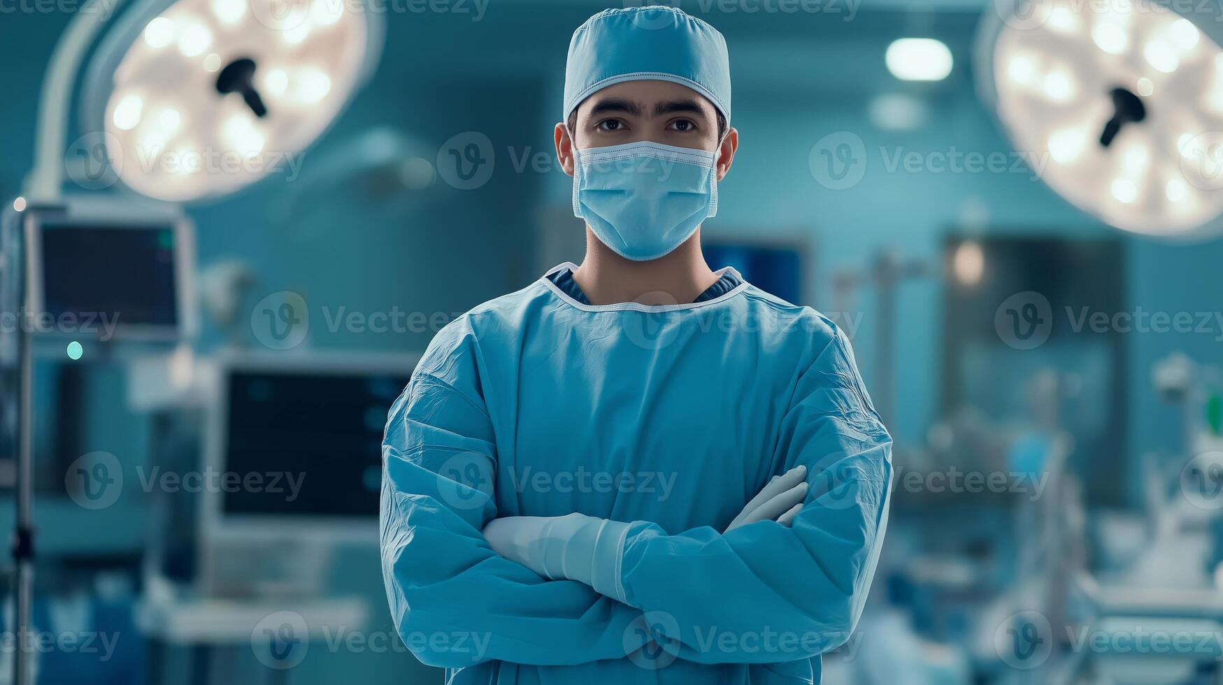 Confident Central Asian Male Surgeon in Operative Room Setting, Ideal for Medical and Healthcare Depictions photo