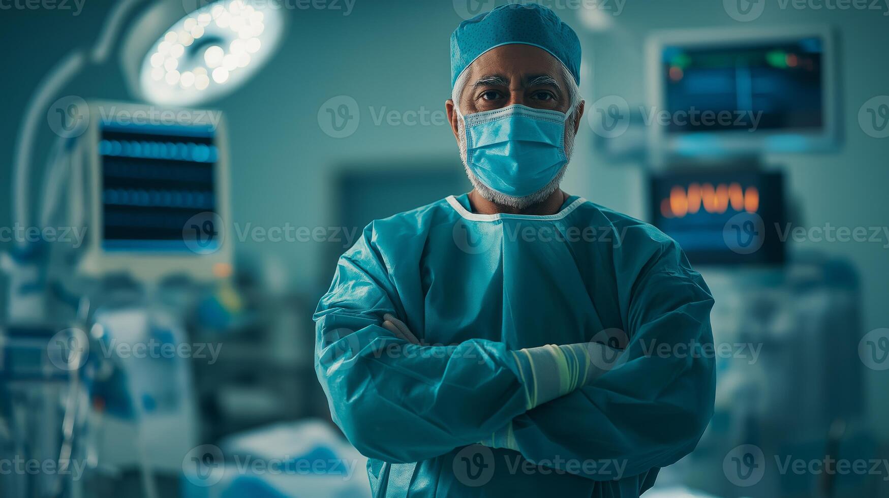 Confident Elderly Pakistani Surgeon in Operating Room, Medical Professional Portrait, Diverse Healthcare Concept photo