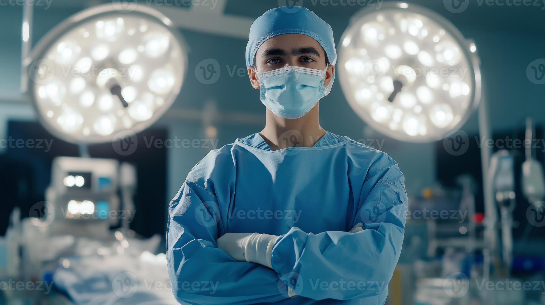 Confident Central Asian Male Surgeon in Surgical Attire Standing in Modern Operating Room photo