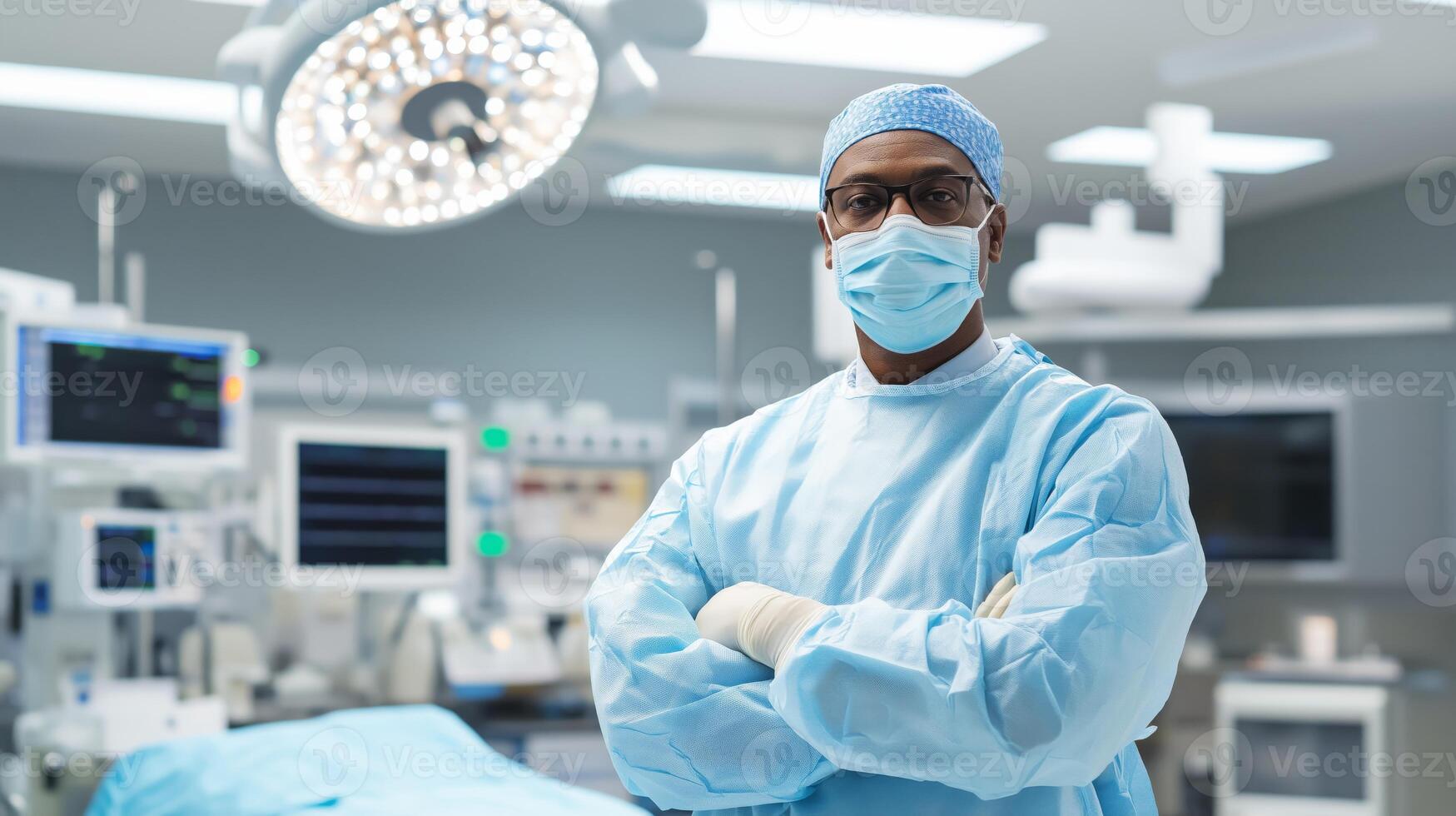 Confident African American Male Surgeon in Advanced Hospital Operating Room, Professional Medical Scene photo
