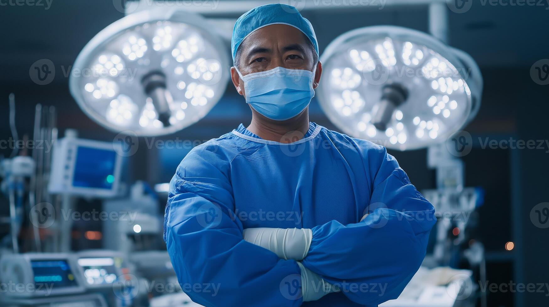 Skilled Southeast Asian Surgeon in Modern Operating Room, Medical Professional in Surgical Gown, Confident Expression, Hospital Environment photo