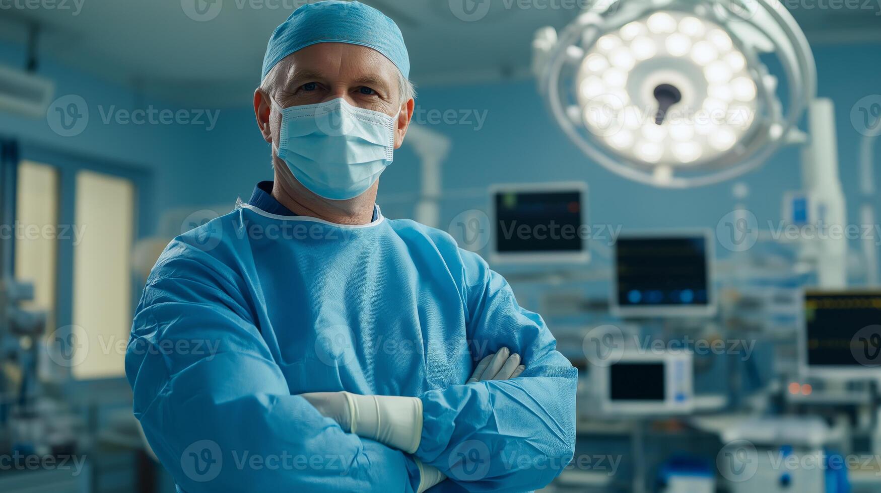 MiddleAged Male British Surgeon with Greying Hair in Modern Operating Room Environment, Suitable for Medical Publications and Healthcare Promotions photo