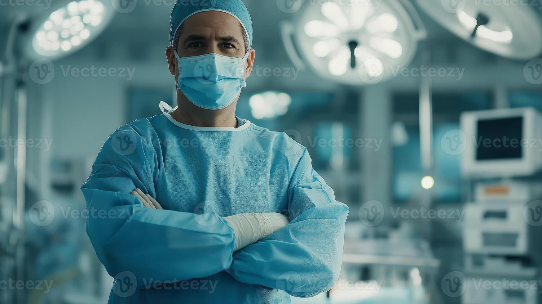 Professional MiddleAged Male Surgeon in Operating Room Wearing Surgical Cap and Mask Medical Stock Photography photo