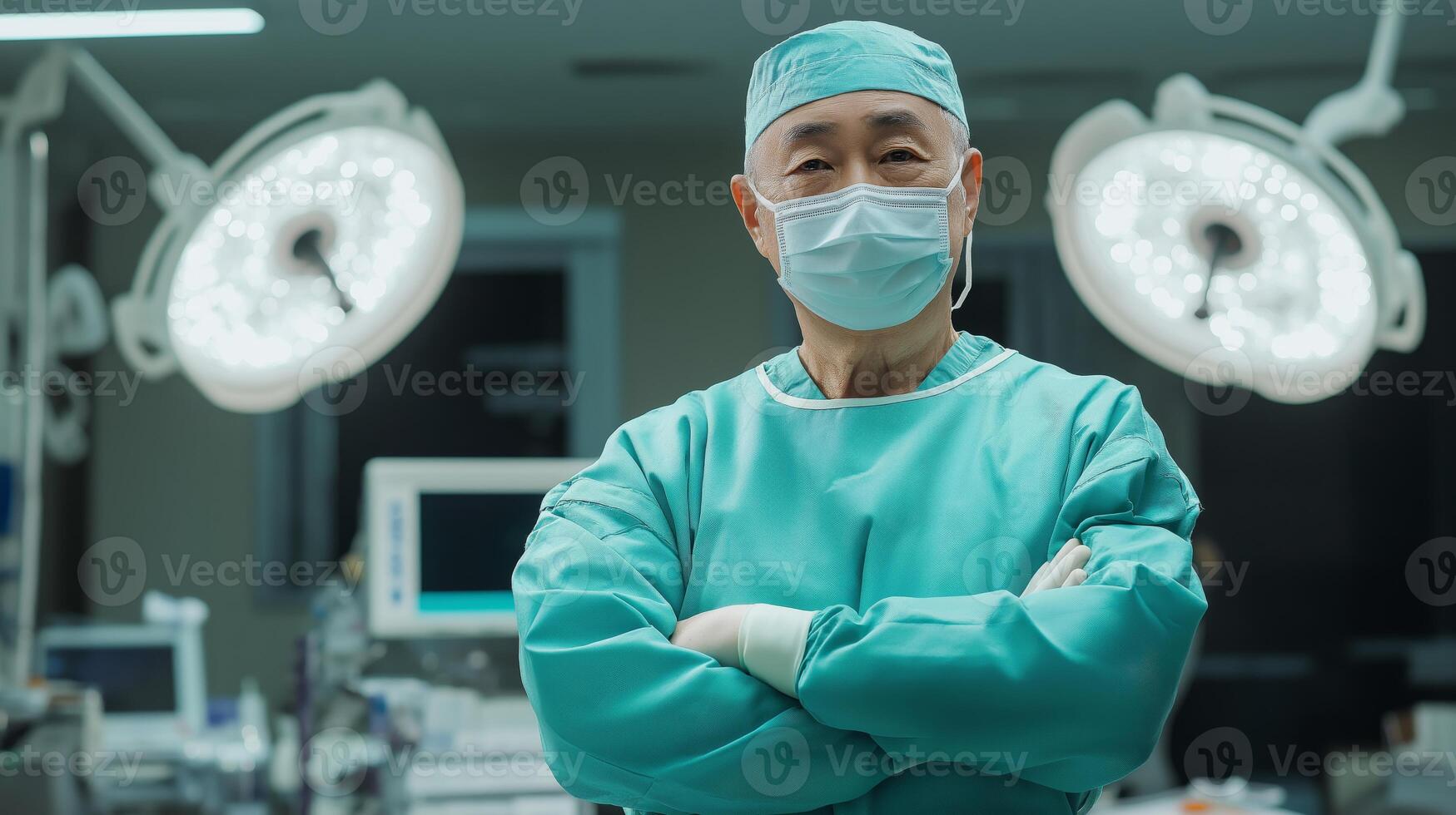 Dignified Korean Surgeon with Crossed Arms in Operating Room, Medical Professionalism, Healthcare photo