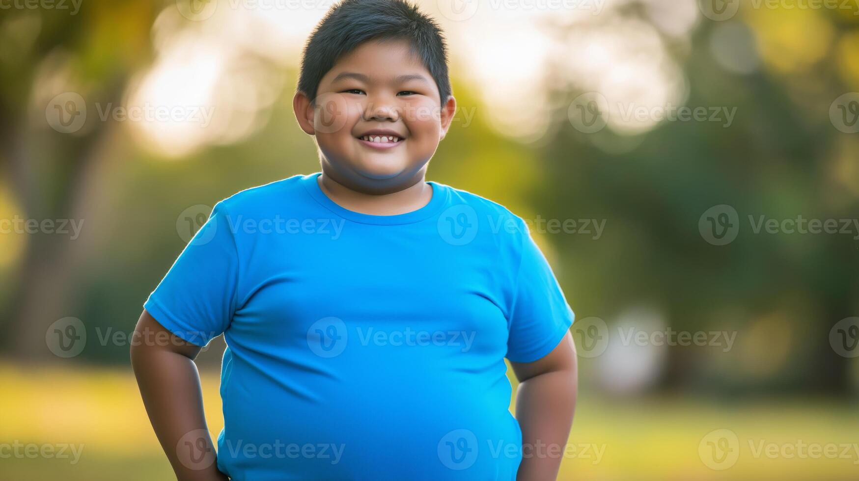 Happy Young Boy in Blue Shirt Smiling Outdoors in a Lush Green Park, Embracing Nature and Joy photo