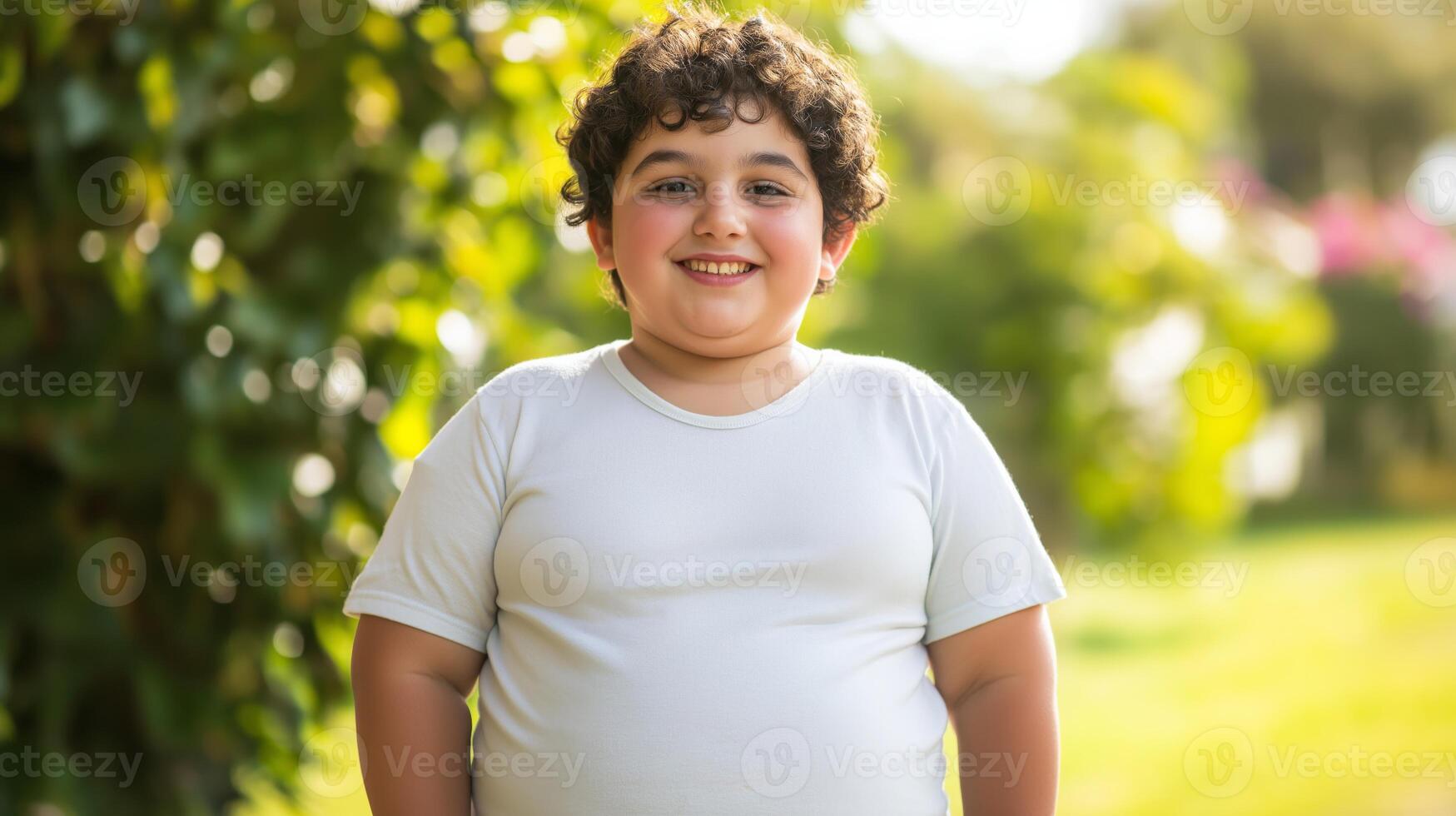 Joyful Young Boy Smiling Outdoors in a Garden Setting on a Sunny Day photo