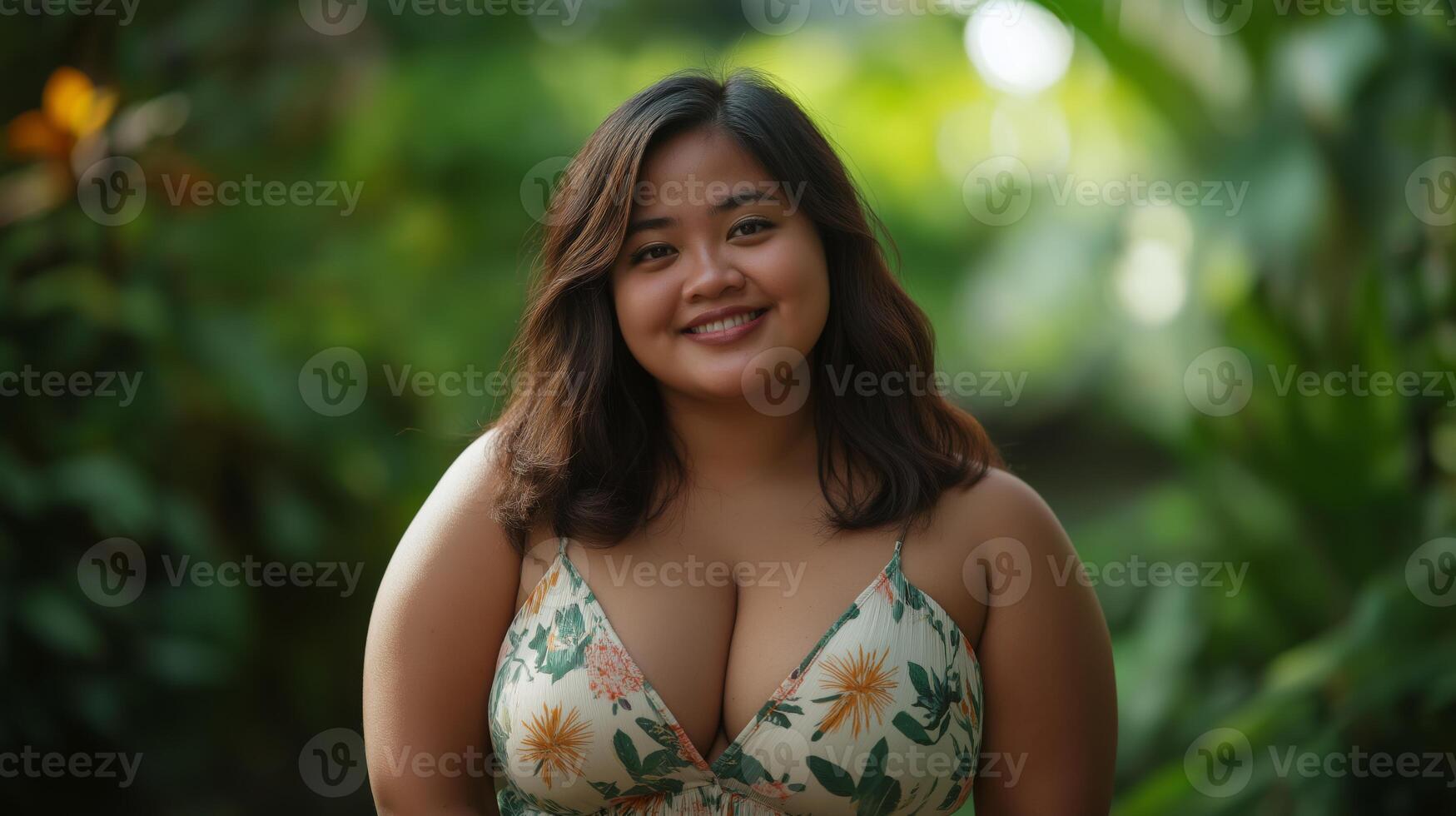 Filipino Woman in Floral Summer Dress Smiling Outdoors Amidst Lush Greenery, Perfect for Vacation and Lifestyle Prints photo