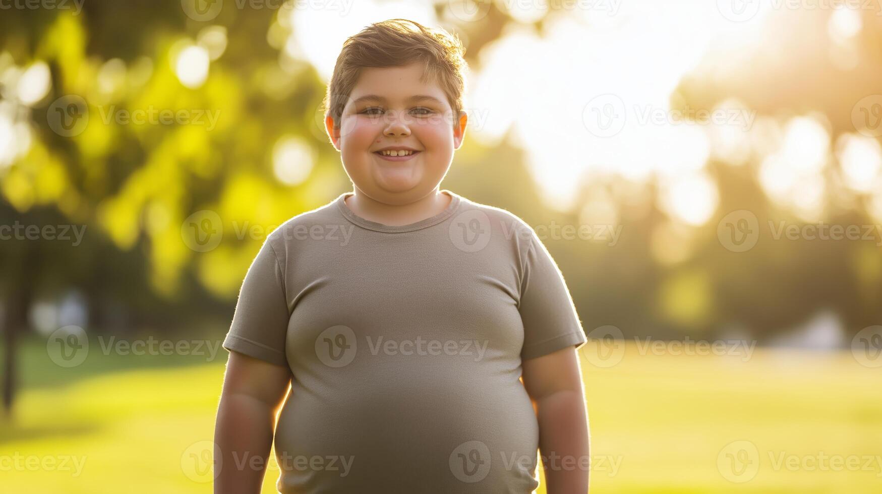 Cheerful Young Boy Outdoors in Summer, Smiling Overweight Child Enjoys Nature, Stock Photography for Inclusion and Healthy Living Themes photo