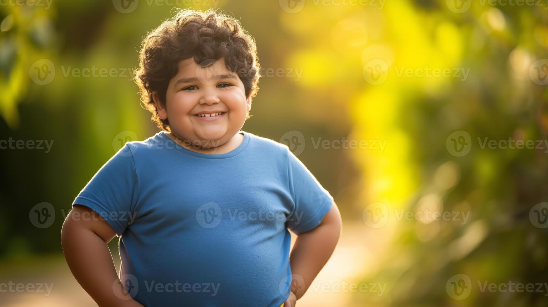 Cheerful Young Boy Outdoors, Sunshine, and Natural Greenery Background for Print, Card, Poster Design photo