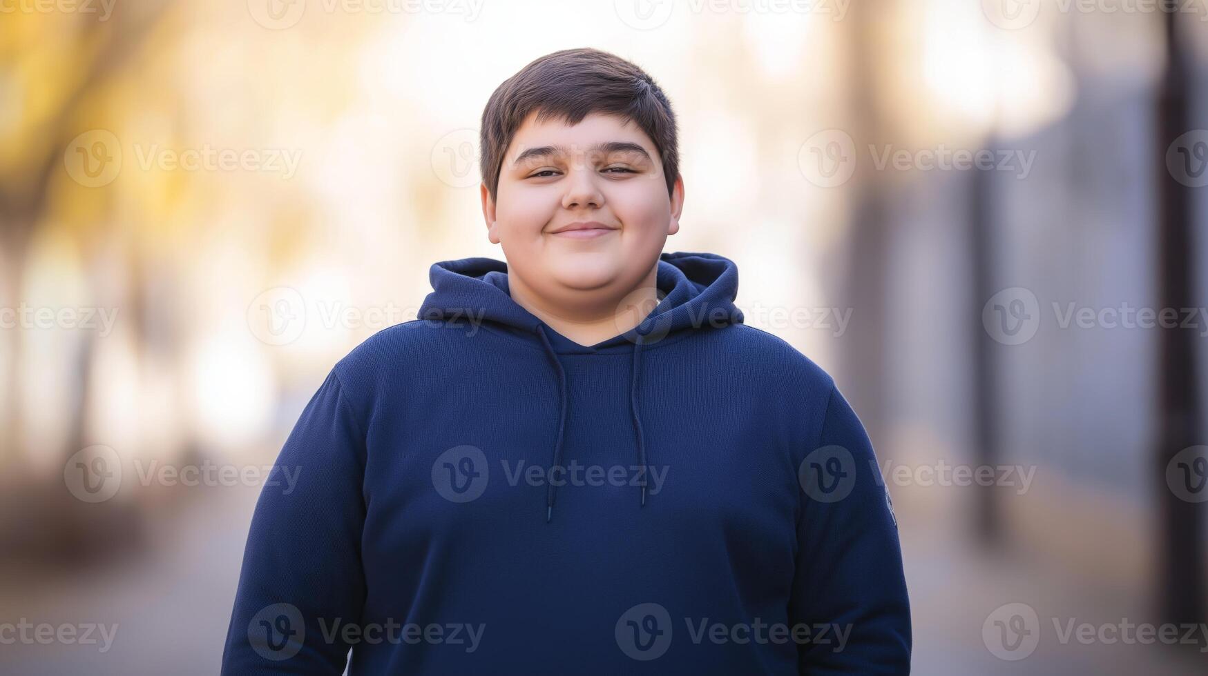 Confident Teenage Boy Outdoors, Smiling, Casual Hoodie, Autumn Background, Diversity Concept photo