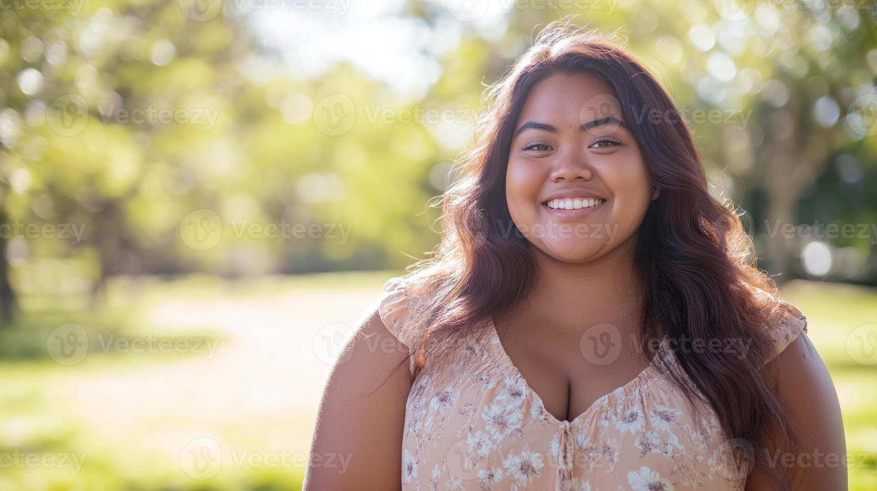Summer Portrait of a Smiling Pacific Islander Woman in a Floral Dress in a Sunlit Park photo