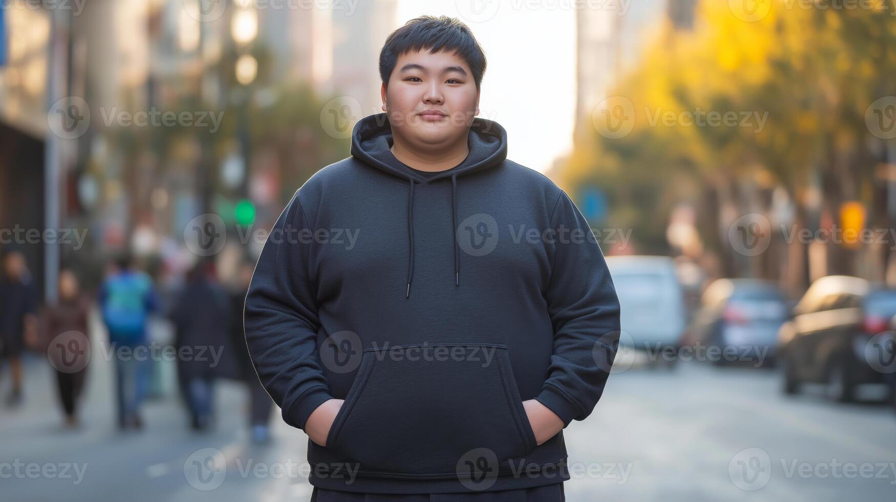 Urban Portrait of Chinese Teenage Boy in Casual Clothing on a City Street photo
