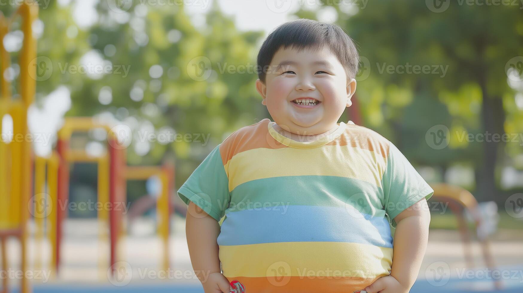 Joyful East Asian Child Smiling in Colorful Outfit at Playground on Sunny Day, Perfect for Design, Print, Card, Poster photo