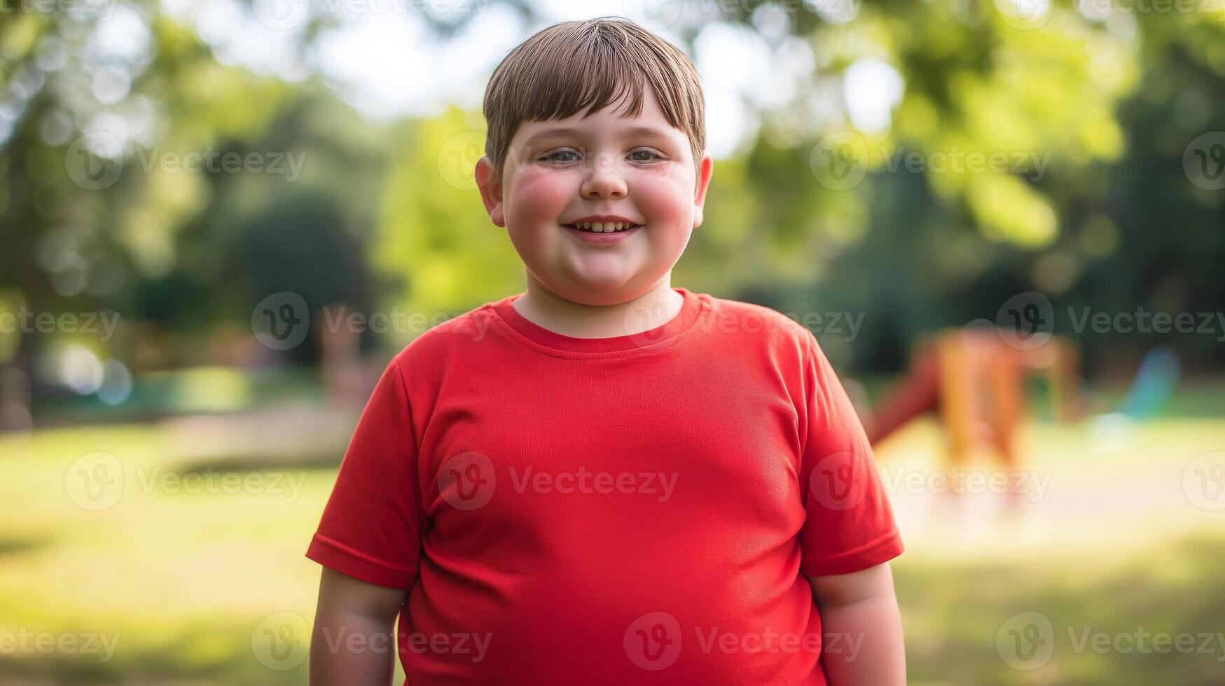 Happy Young Boy in Red Shirt Enjoying a Sunny Day in a Park photo