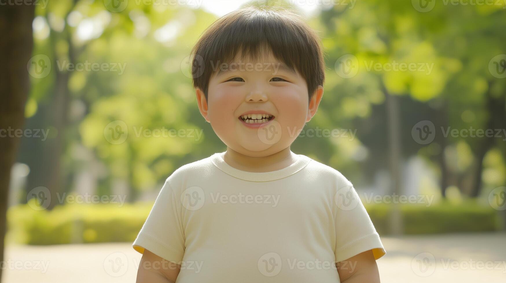 Portrait of a Smiling Japanese Boy in a Park, Ideal for Springtime and Outdoor Theme Designs for Print and Digital Media photo