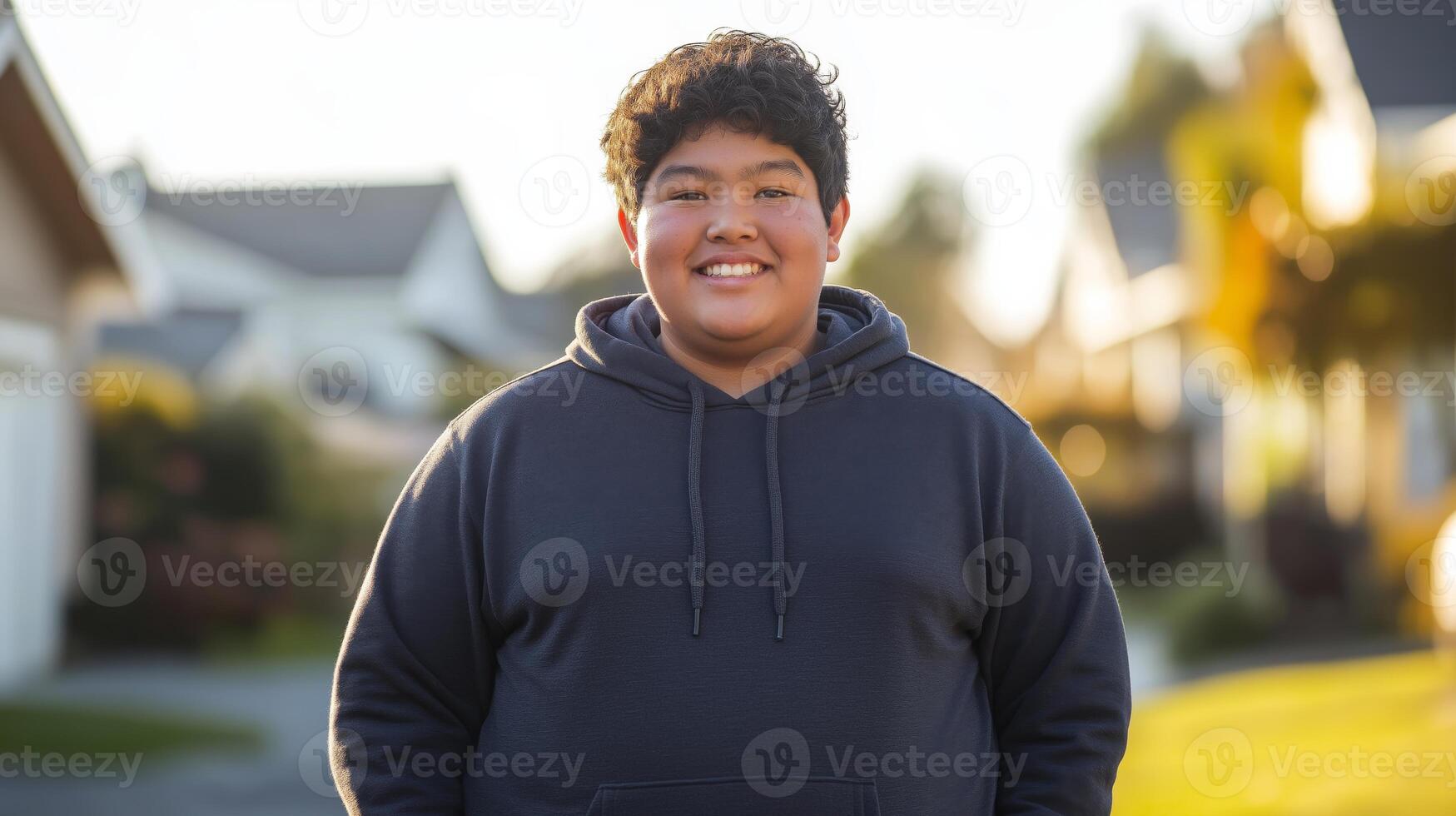 Smiling Teenage Boy in Hoodie Outdoors, Suburban Neighborhood, Afternoon Light, Pacific Islander Model for Diversity and Representation in Stock Photography photo