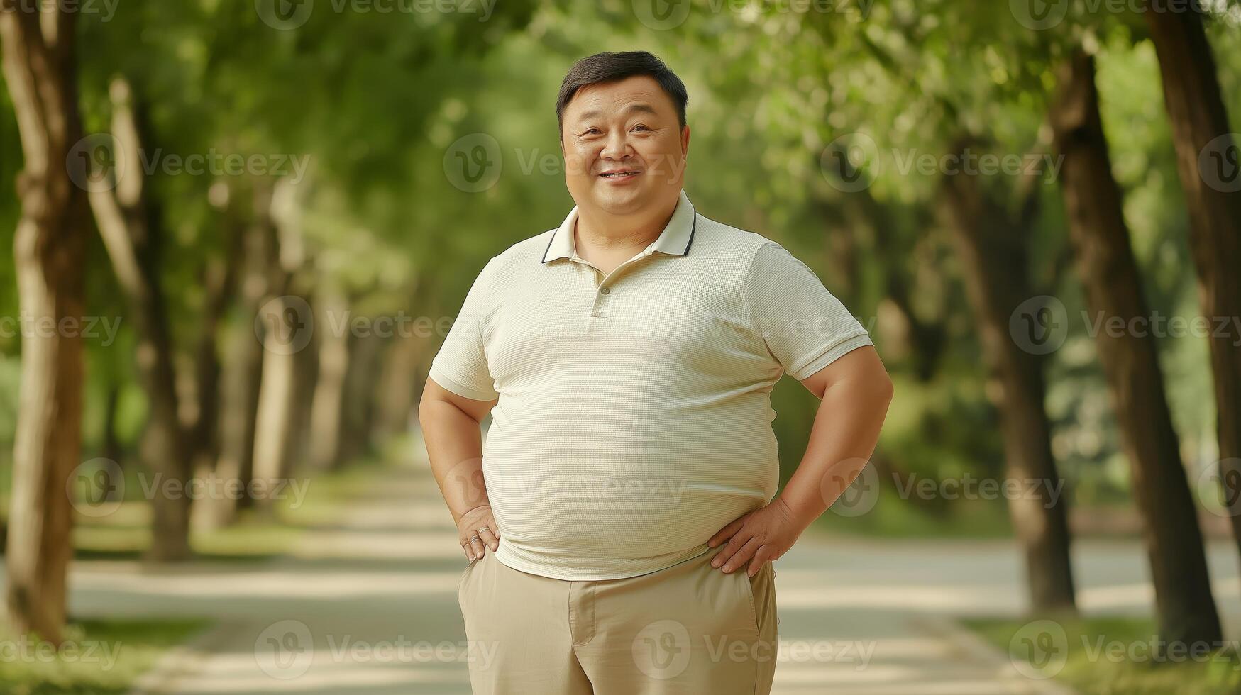 MiddleAged Asian Man Posing Confidently Outdoors in a Sunlit Park, Featuring a TreeLined Path Portrait for Inspirational and Lifestyle Design photo