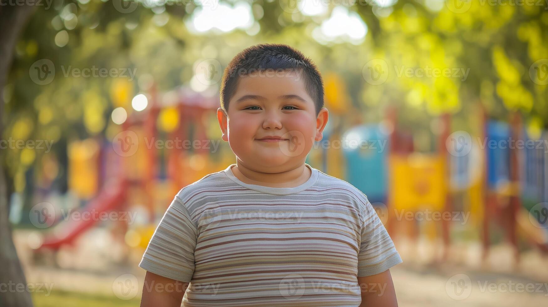Smiling Central Asian Boy at Vibrant Outdoor Playground in Sunshine for ChildFriendly Stock Photography photo