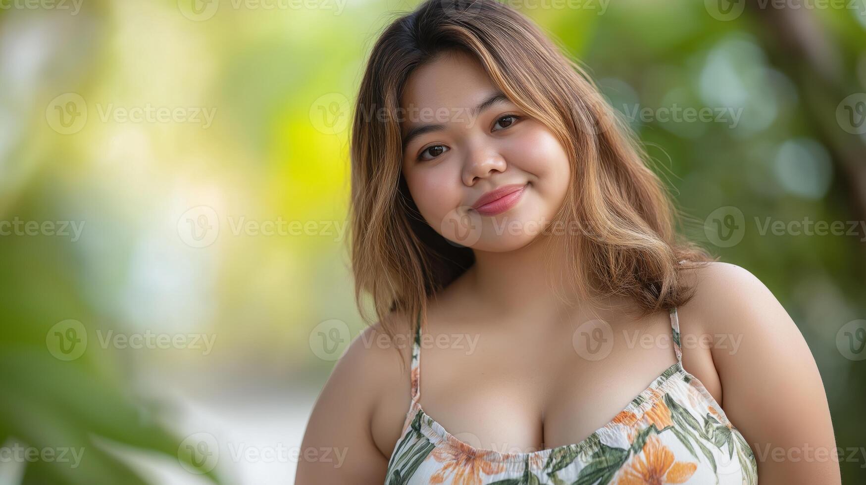Young Filipino Woman in Floral Dress Smiling Outdoors, Summer Vibes, Natural Background, Diversity Concept photo