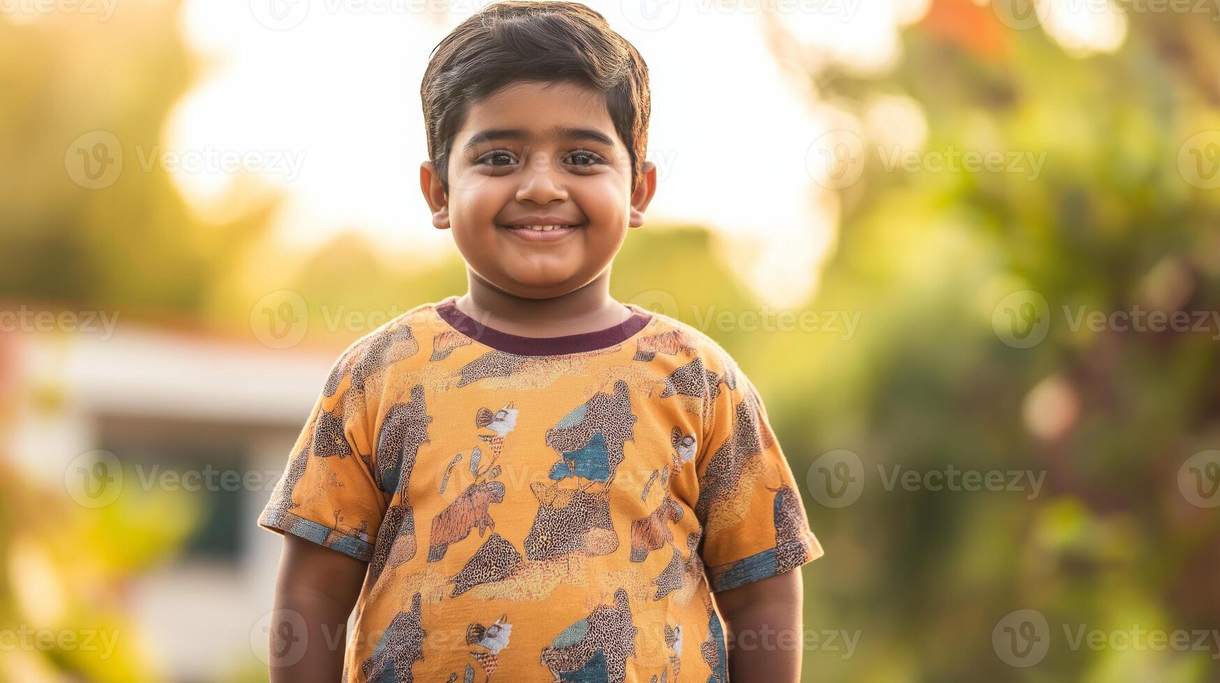 Young Indian Boy Smiling Outdoors in a Park Setting During Golden Hour for Stock Photography and Print Design photo