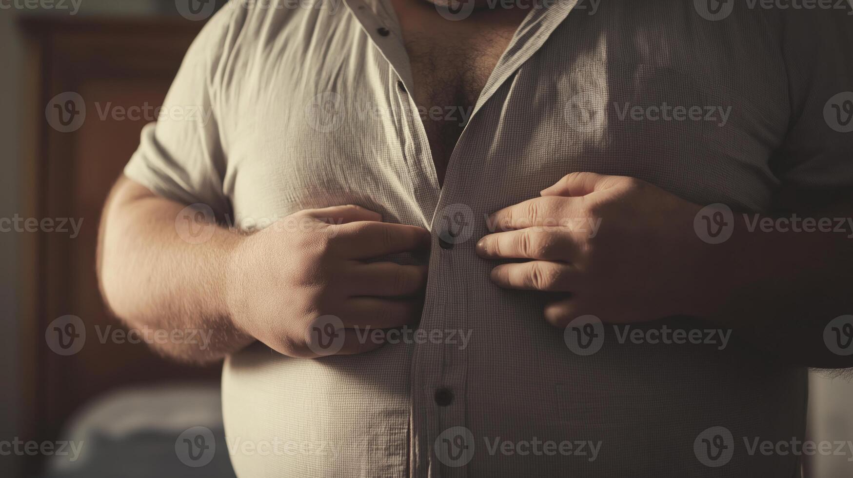 Overweight Man Struggling to Button Shirt, Concept of Fashion Challenges, Plus Size Clothing Issues photo