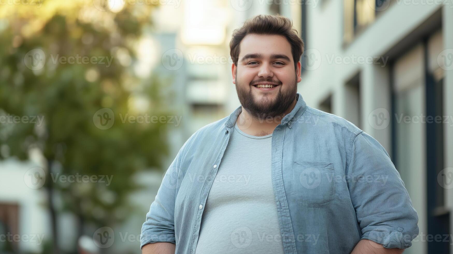 Young Man in His 20s Smiling Outdoors, Urban Background, Casual Attire, Representing Body Positivity and Confidence photo