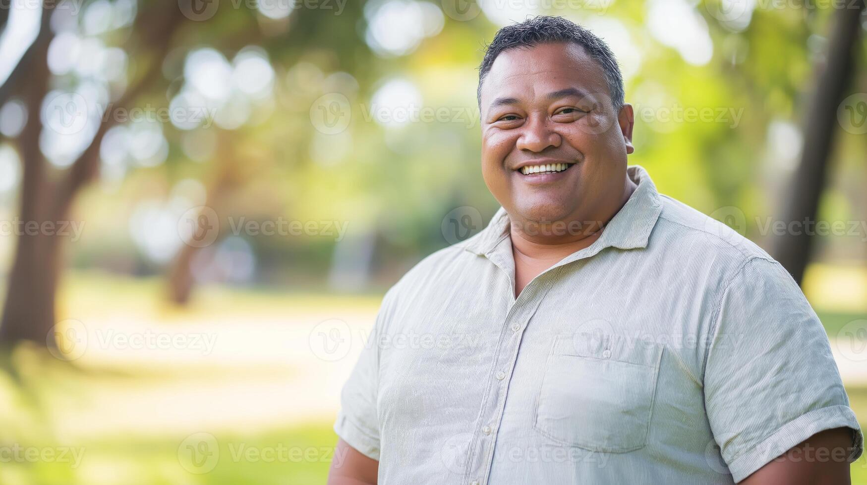 Smiling MiddleAged Pacific Islander Man in Outdoor Park Setting Perfect for Lifestyle and Diversity Themes photo