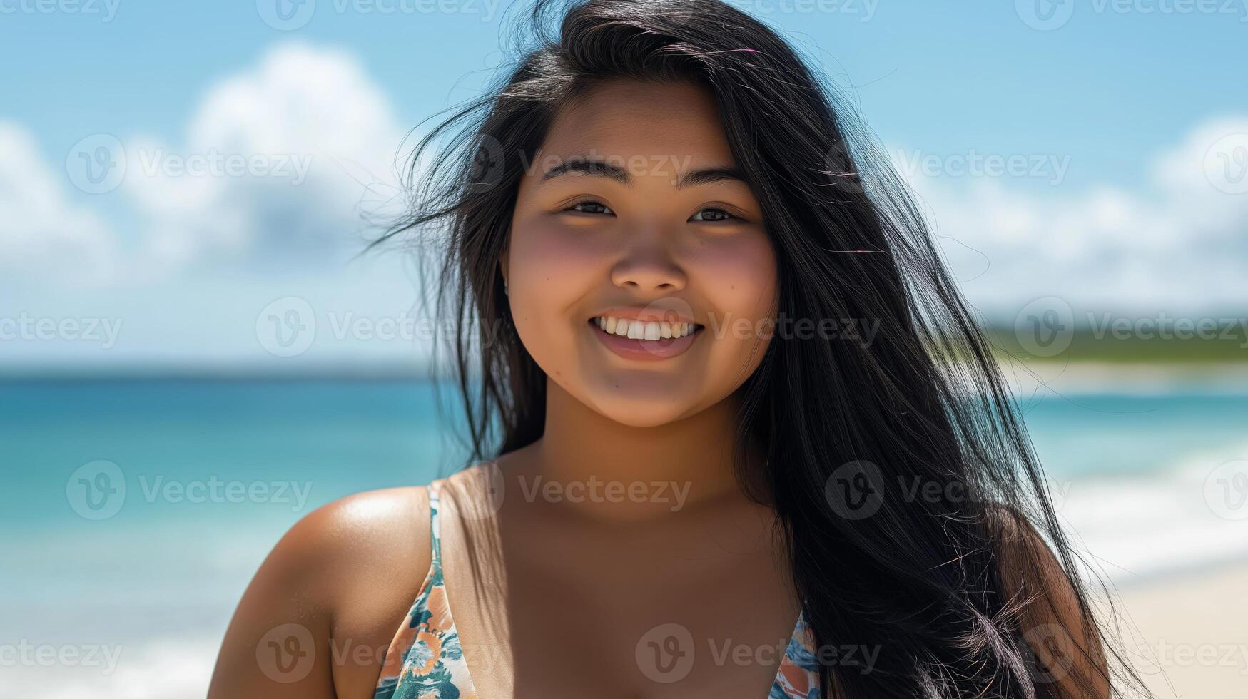 Happy Young Southeast Asian Woman Smiling on a Beautiful Tropical Beach Day, Perfect for Vacation and Summer Themes photo