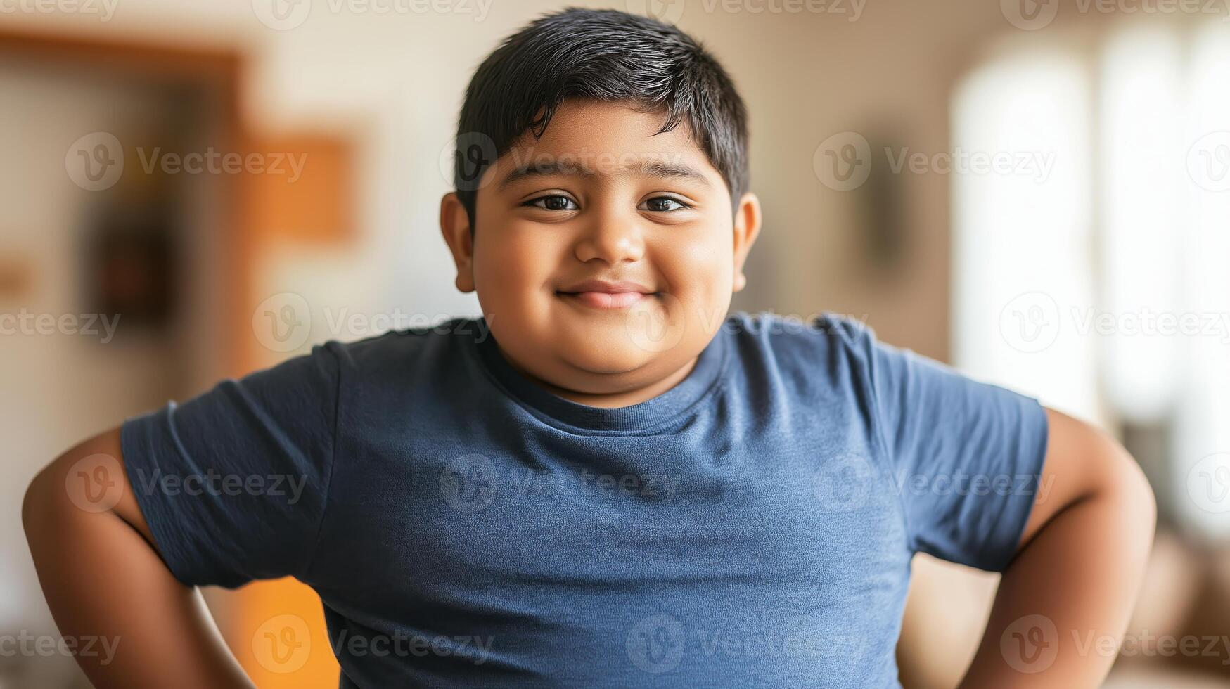 Smiling South Asian Boy Posing Confidently Indoors, Childhood Happiness, Cultural Diversity photo