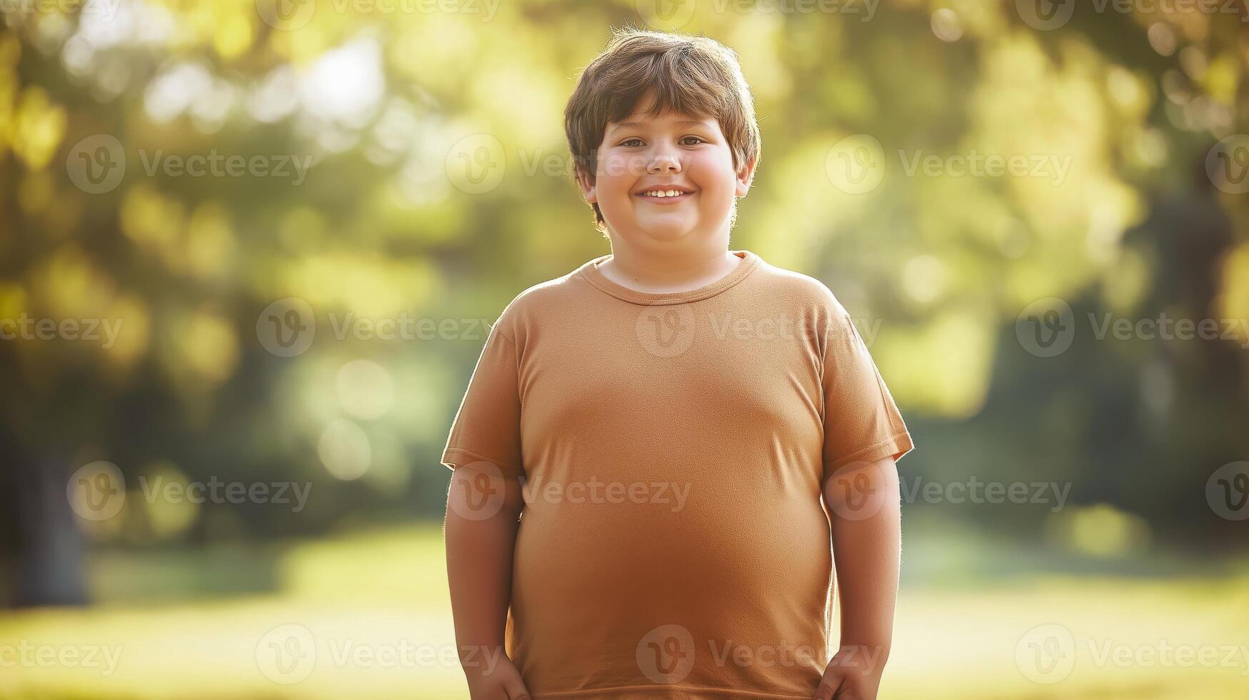 Happy Overweight Young Boy in Nature, Summer Outdoors, Child Diversity, Stock Photo for Print, Card, Poster Design