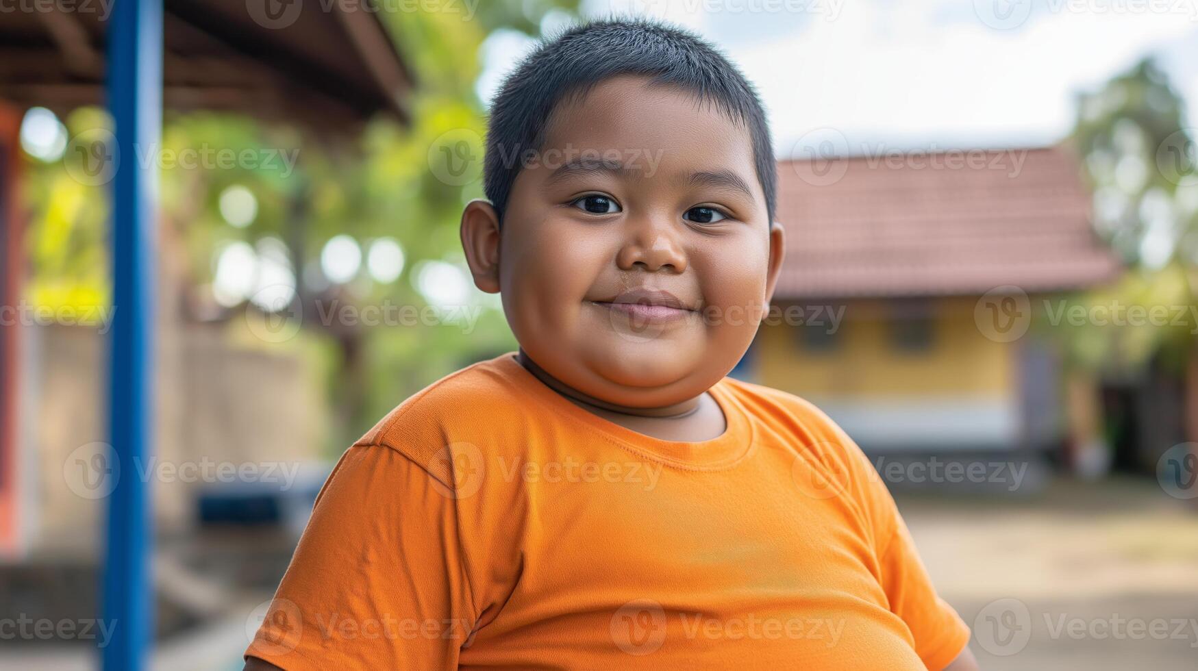 Cheerful Indonesian Boy in Orange Shirt Outdoors, Concept of Diversity, Childhood Happiness, and Asian Cultural Environment photo