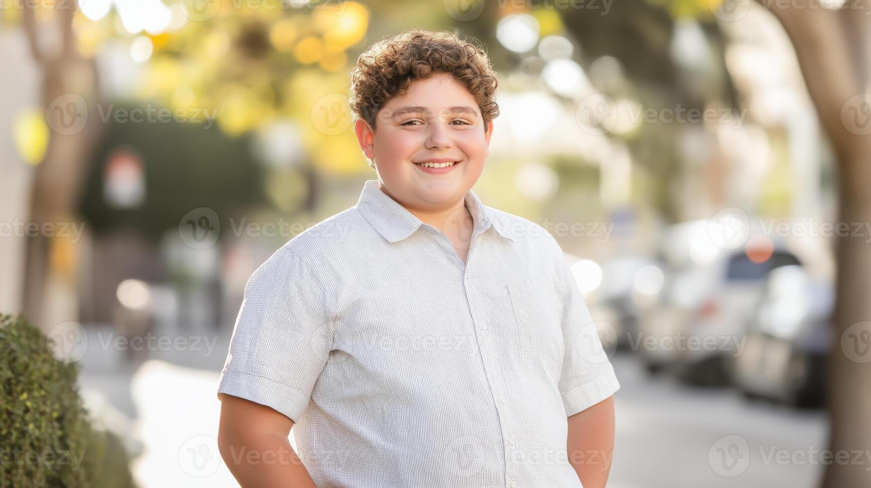 Portrait of a Smiling Teenage Boy in Outdoor Urban Setting with Soft Sunshine photo