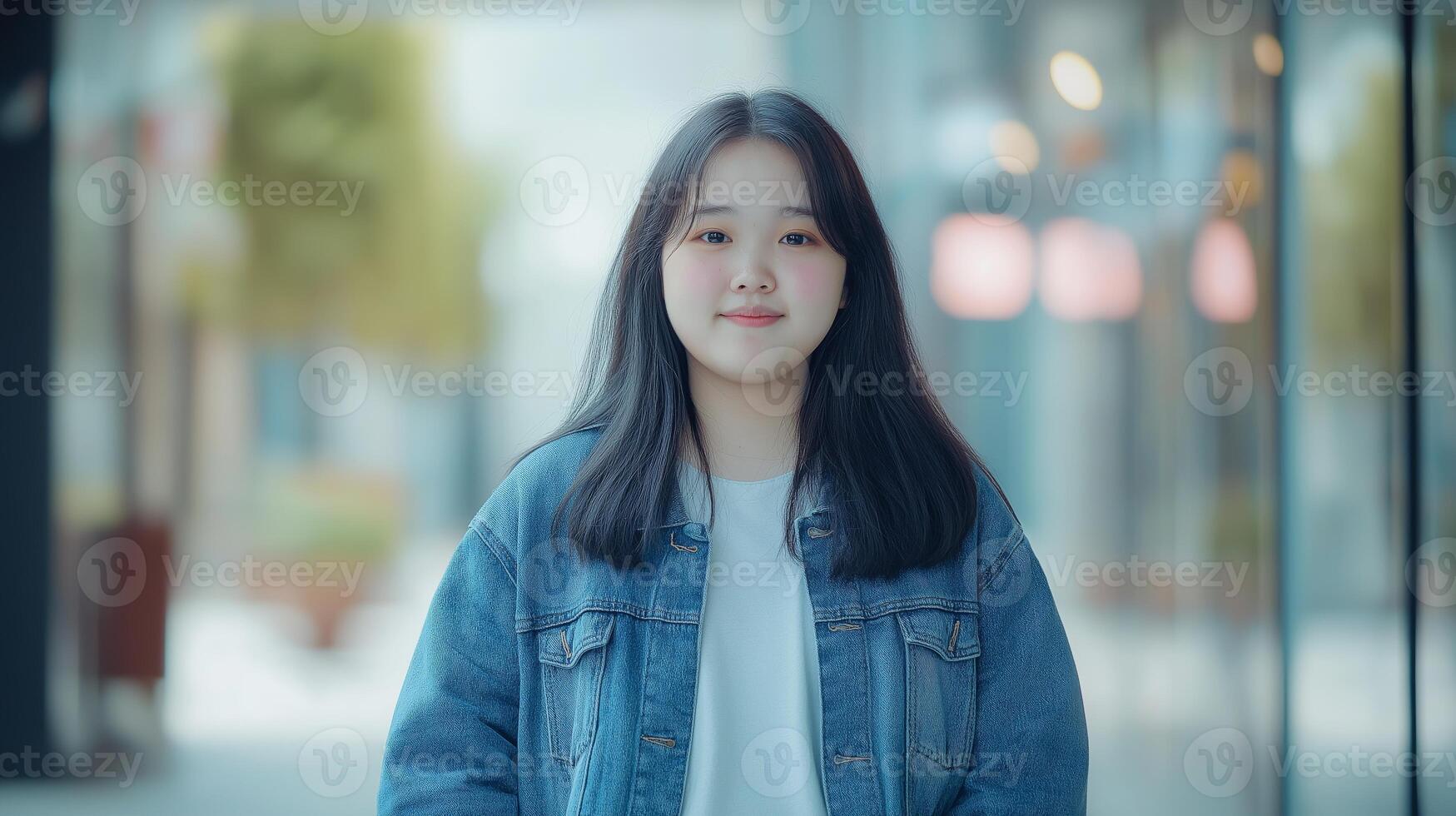 Teen Asian Girl in Casual Denim Jacket Smiling Outdoors on a Sunny Day, Perfect for Lifestyle, Magazine and Blog Design photo