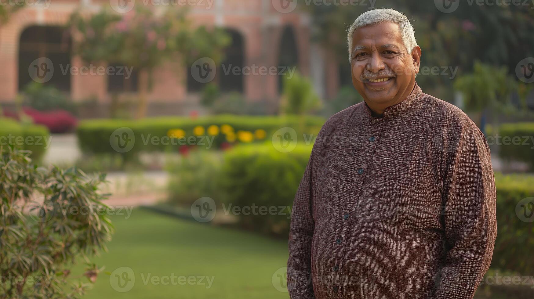 Elderly Indian Man Smiling in a Beautiful Garden Setting, Ideal for Cultural Representation and Diversity Themes photo
