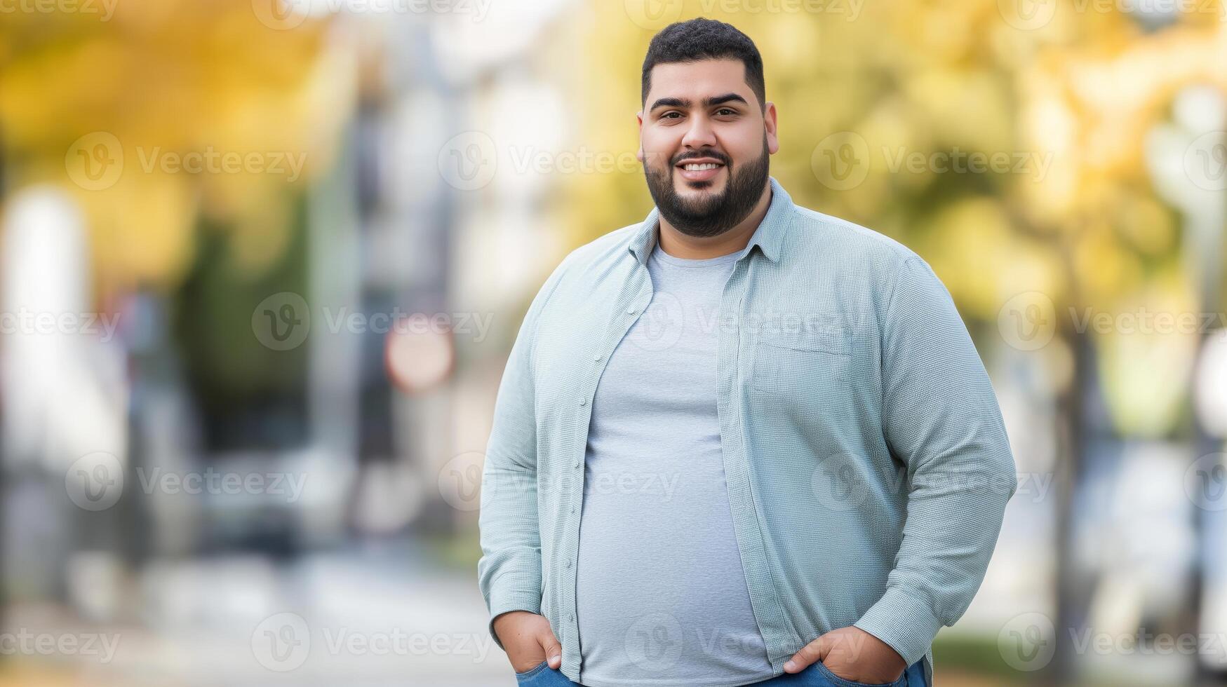 Smiling Middle Eastern Man Outdoors in Autumn, Casual Fall Fashion, Diversity, and Body Positivity photo