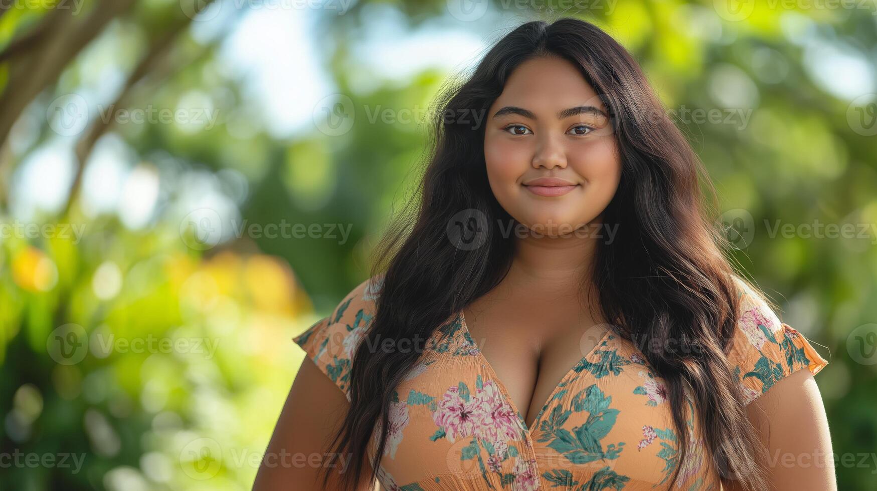 Teenage Pacific Islander Girl in Floral Dress Posing Outdoors with Lush Greenery Background for Diverse Stock Photography photo