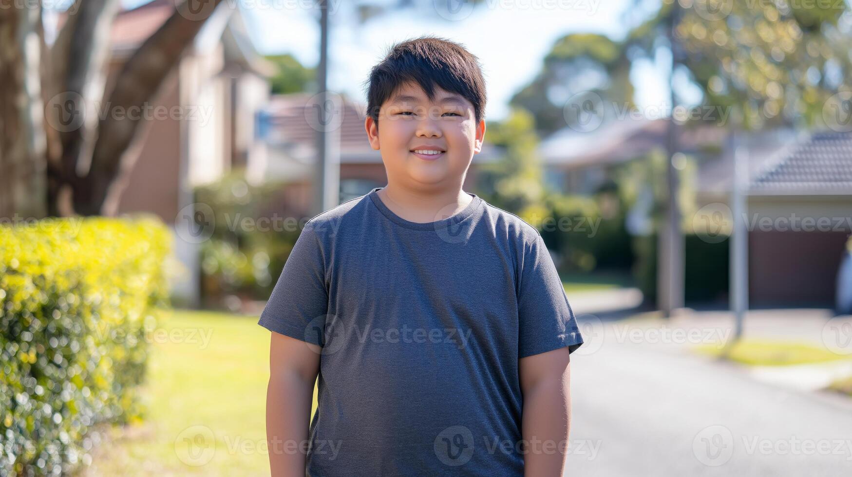 Confident East Asian Teenage Boy Smiling Outdoors in Sunny Residential Neighborhood photo