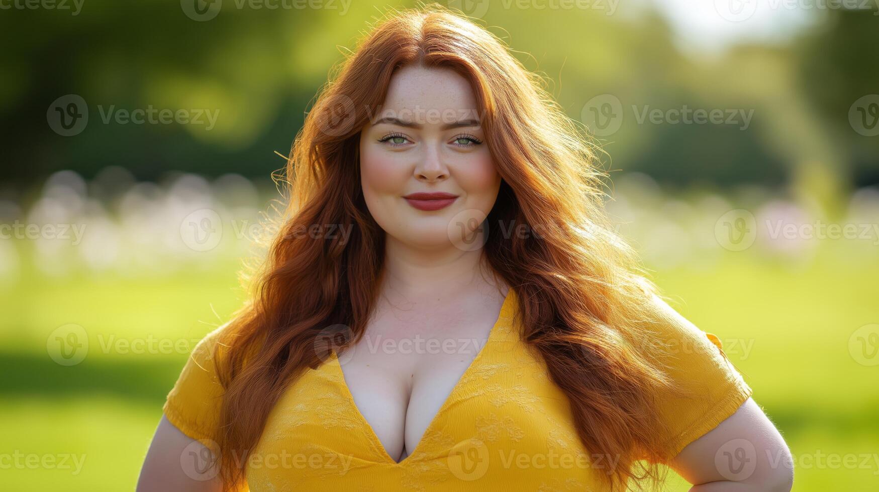 Confident Plus Size Woman with Red Hair Standing Outdoors on a Sunny Day, Embracing Body Positivity and Natural Beauty photo